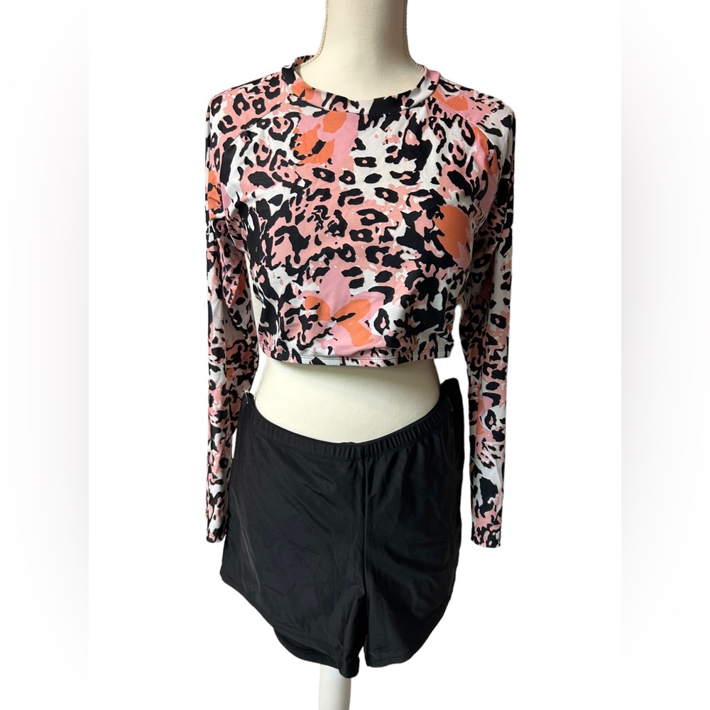 Plus size XXL animal print RASHGUARD long sleeve cropped top boy shorts bottom